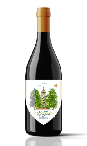 A bottle of 2024 Bargitto Chardonnay. The label features a watercolor painting of the Main Building at the University of Notre Dame, framed by trees.  The Notre Dame "ND" logo is in the upper right corner.