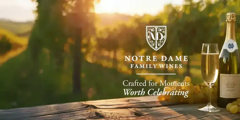 Cover photo with Notre Dame Family Wines logo and vineyard scene
