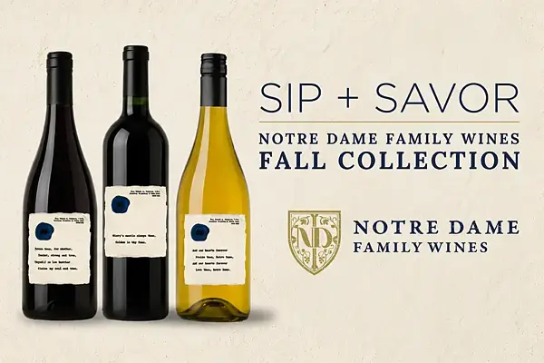Three Notre Dame Family Wines bottles: red, red, and white, with text and logo.
